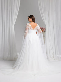 White plus size wedding dress with Long lace and chiffon sleeves.