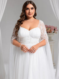 White plus size wedding dress with Long lace and chiffon sleeves.