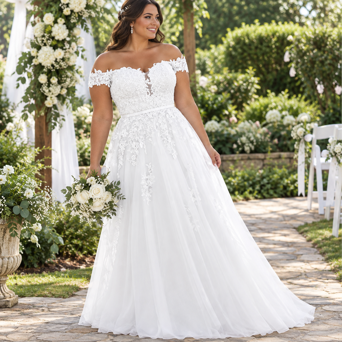 White plus size tulle off the shoulder wedding dress.
