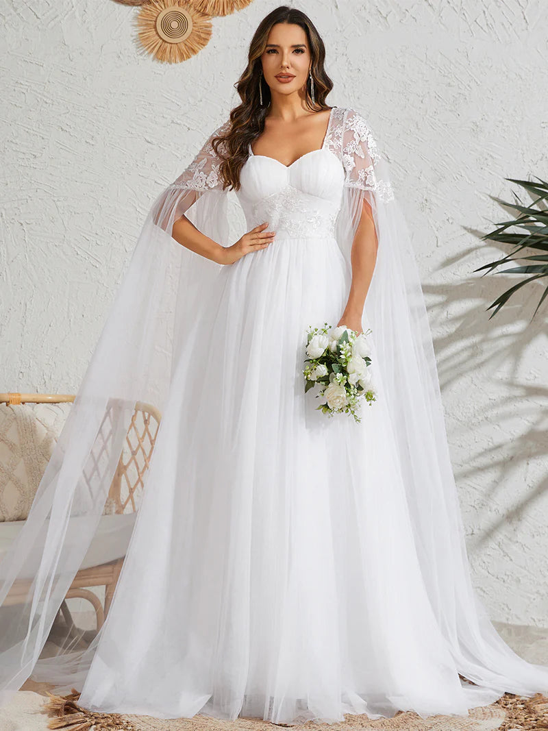 White wedding dress with Long lace and chiffon sleeves.