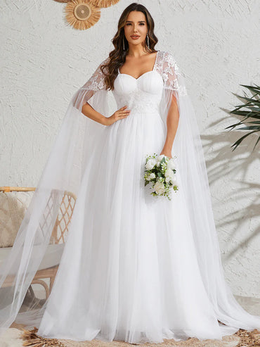 White wedding dress with Long lace and chiffon sleeves.