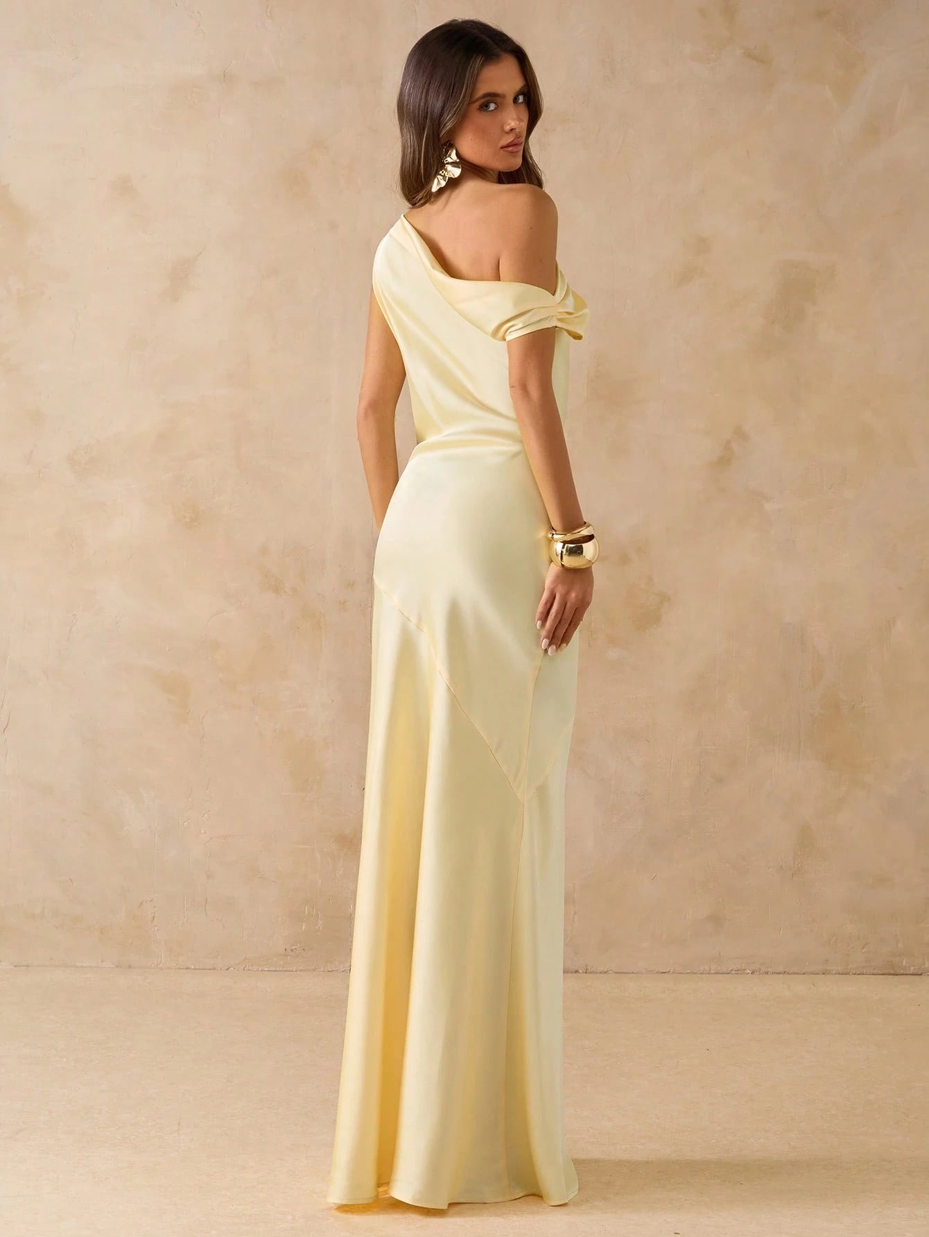 Yellow bridesmaid dress or formal dress asymmetrical off the shoulder satin sheath dress.