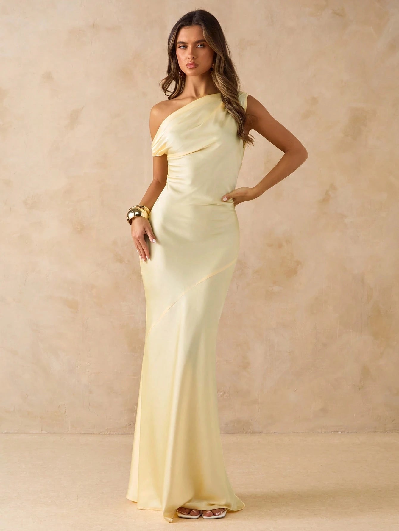 Yellow bridesmaid dress or formal dress asymmetrical off the shoulder satin sheath dress.