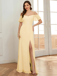 Yellow bridesmaid dress, off shoulder chiffon.