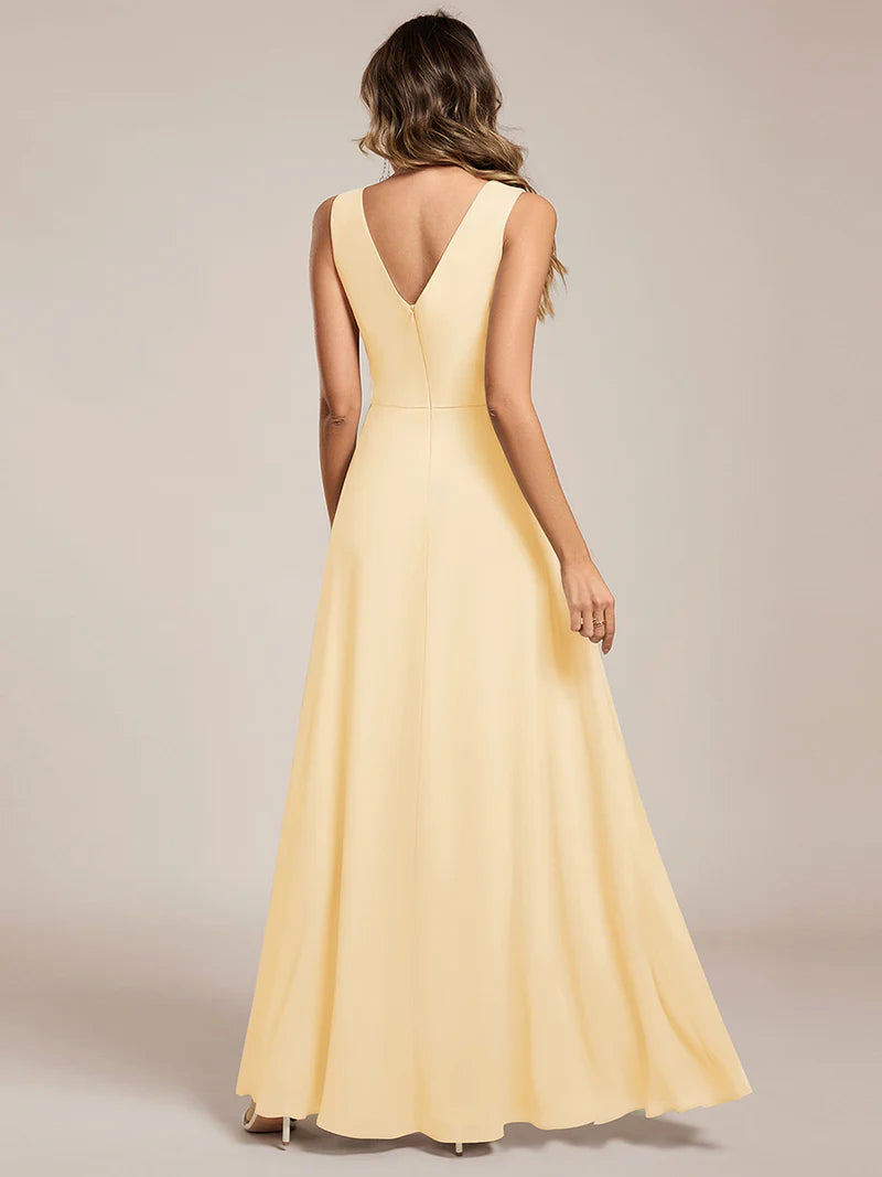 Yellow bridesmaid dress, sleeveless A-line chiffon dress with split.