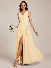 Yellow bridesmaid dress, sleeveless A-line chiffon dress with split.