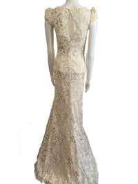 Yellow 3d embroidered cap sleeve formal dress with mermaid tail.