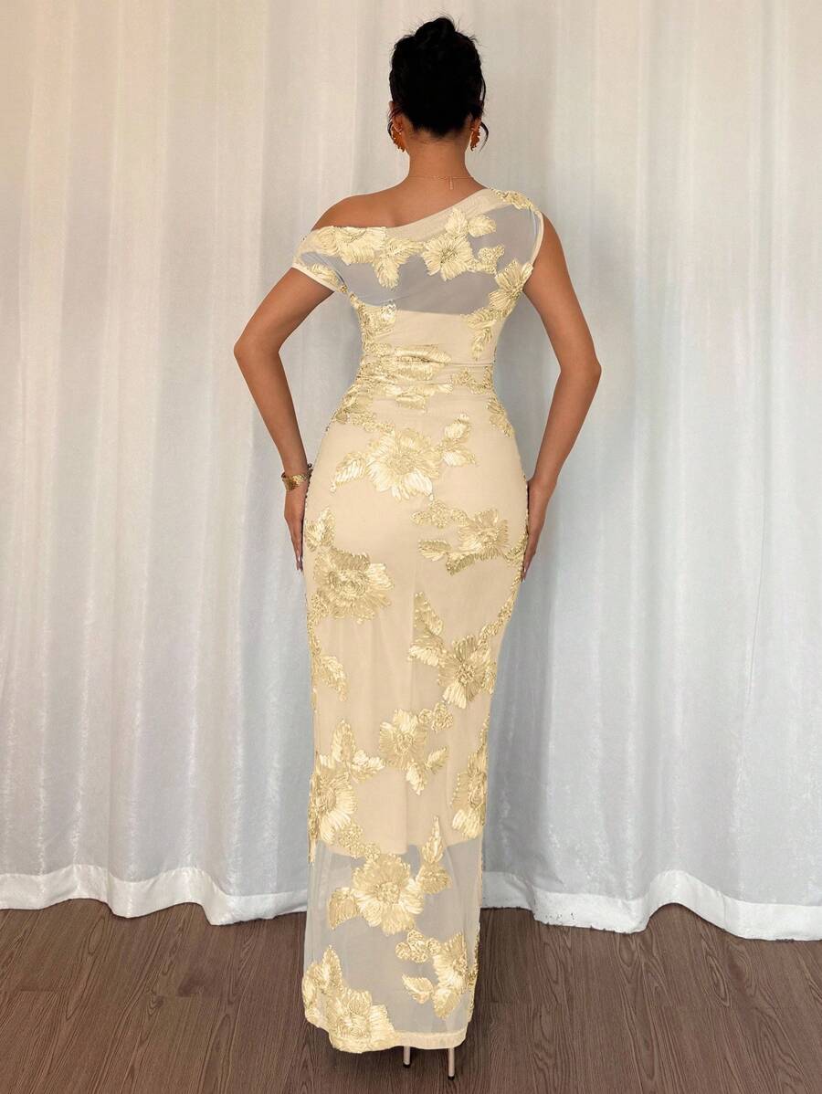 Yellow Mother of the Bride dress with asymmetrical shoulder and 3d embroidered floral detail.