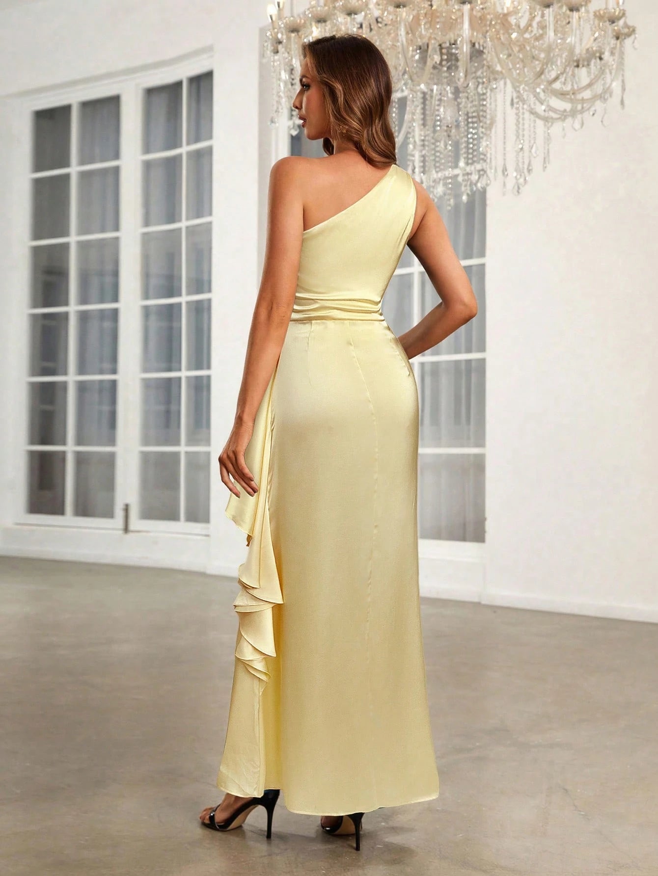 Yellow bridesmaid dress or formal dress with one shoulder in satin and ruffle side detail.