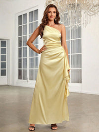 Yellow bridesmaid dress or formal dress with one shoulder in satin and ruffle side detail.