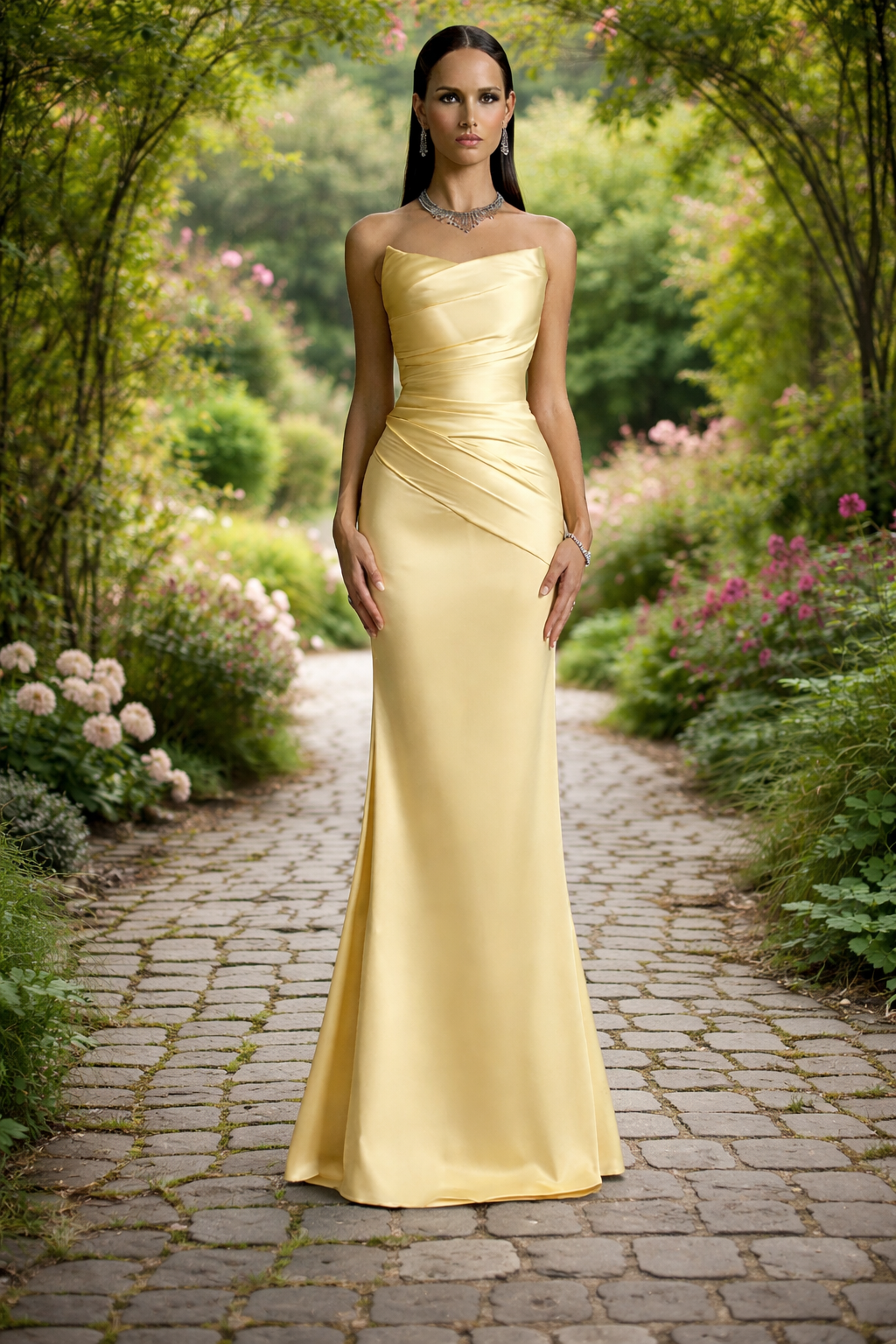 Yellow satin sheath formal dress with mermaid train.